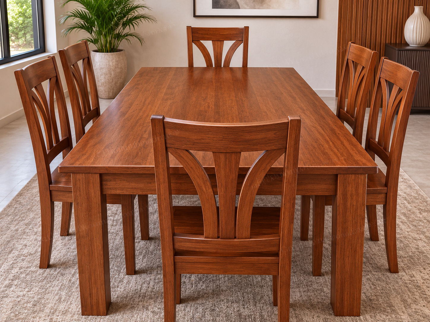 6-Seater Mvule Dining Set — 180x90cm table with 6 arch-back chairs. Handcrafted from 100% solid Mvule hardwood for lifetime durability. — Furniture